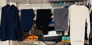 lot 297 image: Three (3) Sizes LG-XL Warmup Bottoms, One 3x Hoodie, &amp One Set of XL Thermal Top &amp Bottom