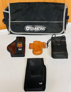 lot 300 image: Simmons Rifle Scope Case, Quest GLKS Clip-On Pistol Holster, Leather Folding Knife Sheath, Nite Ize Universal Cell Phone Holster, Vertical, Black, &amp Uncle Mikes Sidekick Size 2 Radio Holster