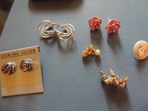 lot 524 image: Sterling rose earrings, pink flower earrings, pearl earrings, sand dollars and silver hoops