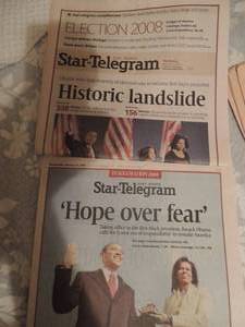 lot 535 image: FORT WORTH STAR TELEGRAM  OBAMA WINS NOV. 5, 2008 & HOPE OVER FEAR  JAN. 21, 2009