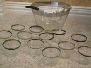 lot 40 image: silver rim punch bowl set with 12 cups and 2 laddels