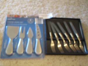 lot 36 image: 4 piece cheese knife set nib,   Cocktail forks  QTY 6