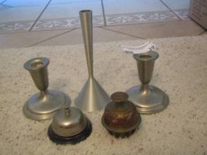 lot 39 image: vintage bells and candle stick holders