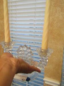 lot 44 image: 2 Crystal glass candle stick holders  (FENTON), Kosta Boda glass rock candle holder