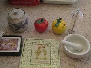 lot 48 image: small crock w lid, coasters saltpepper grinder mortarpestle  sugar dishes, and more