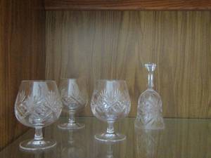 lot 52 image: BRANDY Crystal glasses  QTY 3   & Crystal Bell