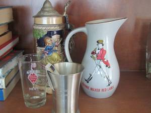 lot 59 image: Handled stein, Johnnie Walker handled pitcher, ROYAL CROWN COLA Glass,  PEWTER CUP