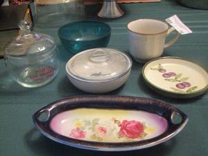 lot 76 image: decorative plates, bowls, PFATZGRAF covered bowls, handled coffee cup and a tray