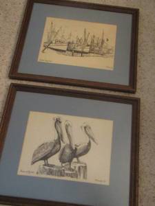 lot 15 image: Pelican art - RE Kennedy 1975 (16x19),  Ship art - RE Kennedy (16x19)