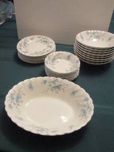 lot 14 image: Myott FINE CHINA Staffordshire Ware Forget me Not England Fine China  service for 8 (per) berry bowls, bread plates, large soup dish, soup bowls   32 PCS    TIMES THE MONEY