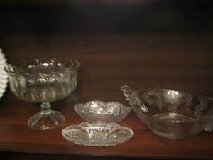lot 88 image: fruit bowl on stand, handled oblong fruit bowl, 2 small oblong crystal bowls