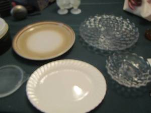 lot 95 image: Sheffield bone white plate, crystal platters,  NORITAKE  brown plate