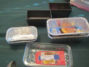 lot 122 image: mini bread pans, aluminum bread pans, laddel