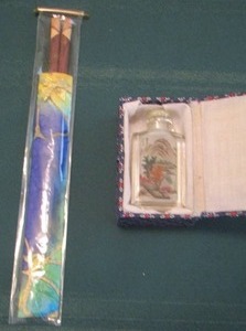lot 145 image: PAINTED BOTTLE IN DISPLAY CASE FROM KOREA  & SCROLL