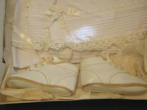 lot 152 image: newborn baptism dress with white baby shoes
