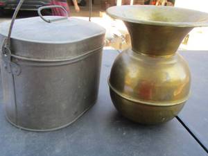 lot 276 image: metal brass colored vase, metal handled bucket with lid
