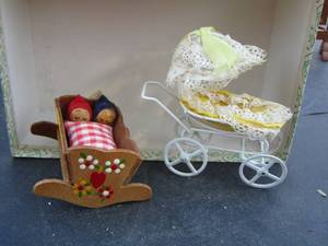lot 291 image: doll house furniture stroller, baby bed