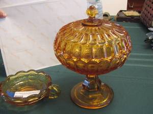 lot 384 image: covered candy jar AMBER glass, small handled AMBER glass bowl