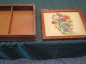 lot 130 image: Wooden framed floral art unknown size, wooden divided box