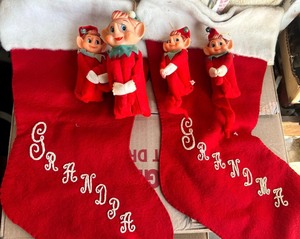 lot 431 image: VINTAGE  2 RED STOCKINGS &  4 VINTAGE ELFS PIXIES