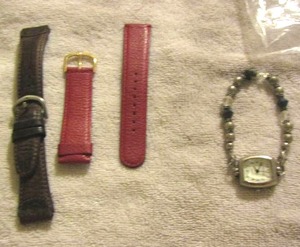 lot 84 image: womens red watch band, brown leather watch band, geneva water resistant beaded womens watch