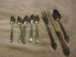 lot 106 image: Holmes & Edwards silver fork and spoon,   & Qty 5 mini spoons