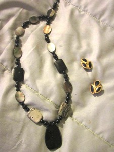 lot 157 image: black and gold earrings- stone necklace