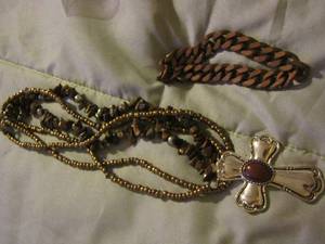 lot 347 image: beaded necklace with a cross pendant, rock necklace, copper bracelet