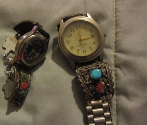 lot 396 image: WATCHES - WITH  BLUE GREEN & RED TURGUOISE IN SILVER BANDS   QTY 2
