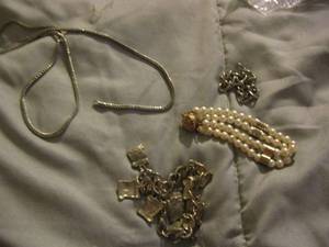 lot 392 image: charm bracelet, pearl bracelet, silver necklace