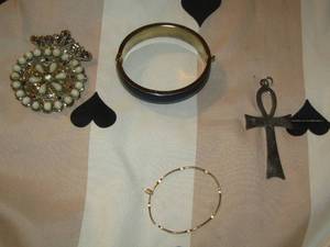 lot 182 image: 2 bracelets - decorative pin- cross pendant