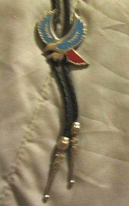 lot 16 image: BOLO TIE Leather with Eagle Pendant - TURQUOISE -GREEN & RED