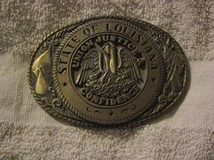 lot 244 image: State of Louisiana  - Union Justice Confidence   Solid Brass Belt Buckle by TONY LAMA
