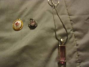 lot 569 image: purple rinestone necklace and 2 necklace pendants
