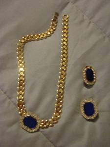 lot 495 image: blue jewel and gold necklace with matching clip on earrings