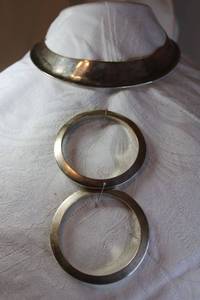 lot 17 image: Sterling Silver Jondell (American, 1960s) wide omega choker. Marked 925 Mexico Jondell. (2) Jondell (American, 1960s) bangle bracelets. Marked 925 Mexico Jondell Ent Inc. Heavy