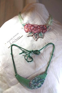 lot 29 image: Jewelry (2) Enamel (glass on Copper) bib-style necklaces by Jo Ann Bushart (Opened Rock House Gallery 1983, Arlington TX, 1928- 2021). One with polished quartz bead necklace. 16L