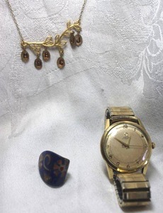 lot 37 image: 14K Gold filled jewelry Omega automatic watch with 14K gold-filled case. Marked 14K gold Filled, 14K gold filled necklace (marked 14K GF), and cloisonn single earring with 12K GF post.