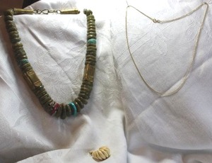 lot 41 image: 14K Gold jewelry plus MCM artisan-crafted Turquoise, Coral grad. donut necklace. SerpentineAventurine  Brass accents and cones. 18L. 14K Yellow gold bead chain. Marked 14K. 18L Includes single earring Marked 585 on back and 14K on butterfly