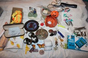 lot 174 image: Junk drawer box lot. Entire box of misc junk drawer items.