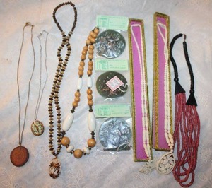 lot 153 image: Carved bone necklaces in boxes, wood and organic jewelry and faux Jade jewelry