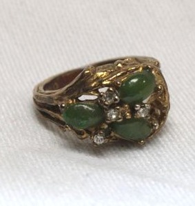 lot 168 image: Art Nouveau branch style 1960s ring with Chrysoprase green stones and faux diamond simulants. Size 6.5