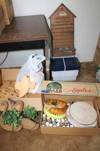 lot 197 image: Wood crafts, paints, wooden slide calendar, plastic storage boxes