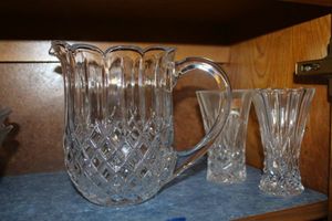 lot 219 image: Lead crystal pitcher and 2 small lead crystal vases. One has Joska sticker