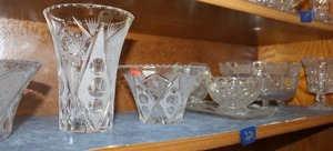 lot 221 image: Lead crystal bowls, vase, creamer and sugar set, see photos