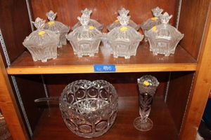 lot 408 image: Lead crystal compotes, lead crystal cranberry glass vase and punch bowl