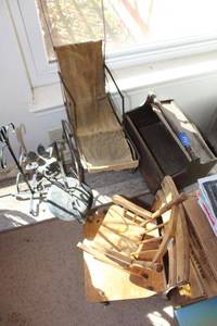 lot 575 image: Antique doll stroller, childs chair, wire stands, and wooden storage caddy