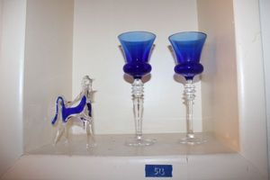 lot 513 image: Blue blown glass horse and candle pedestal holders