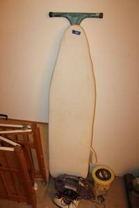 lot 535 image: Ironing board, iron, clothes pins and Bissell spot cleaner