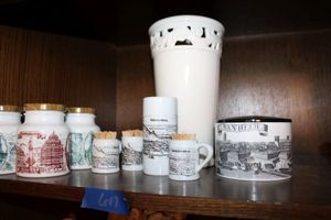 lot 617 image: White Heidelberg glass jars and toothpick holders plus ceramic vase
